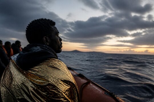 Man wrapped in emergency blanket on inflatable boat at sea