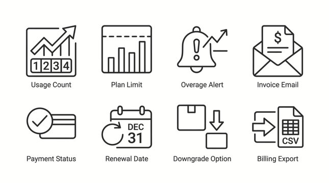 Billing management and subscription payment status line icon set for financial software dashboard.