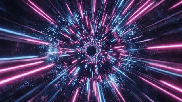 Futuristic neon light tunnel with blue and pink trails moving through a dark digital space