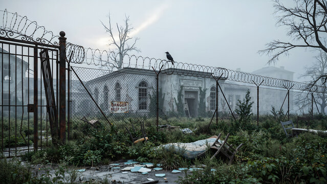A derelict building behind a tall chain link fence topped with barbed wire in a foggy field with a crow perched on the metal structure