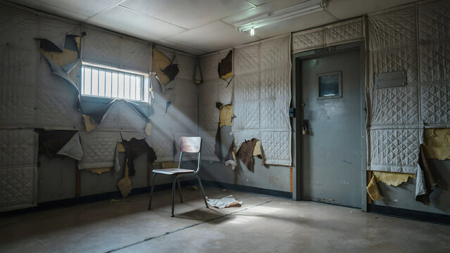 A desolate, abandoned prison cell with torn padded walls, a solitary chair, and sunlight shining through a barred window in a dark room