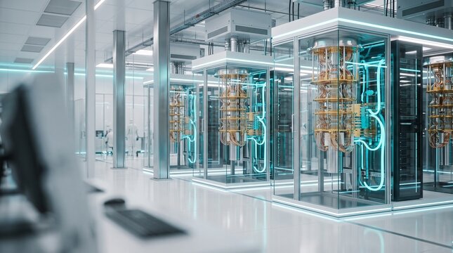 Quantum supercomputing facility with glass server racks filled with cyan liquid coolant