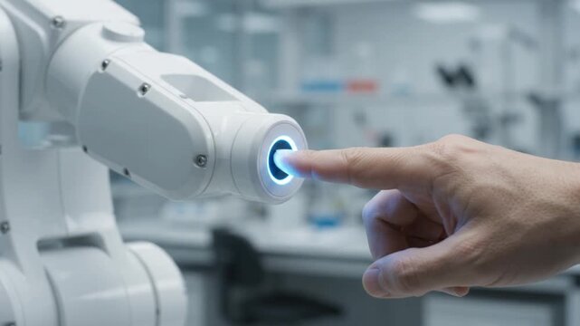 Human finger touches glowing robotic arm sensor in this innovative laboratory research motion video clip effect