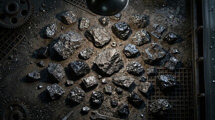 Obraz premium Scattered raw metallic ores and shiny black coal pieces with silver crystal inclusions under dark moody lighting, in fine detail.