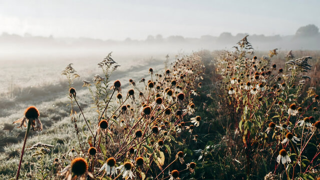 A field of dried coneflower plants with brown seed heads standing in a foggy meadow during the early morning light with soft atmosphere