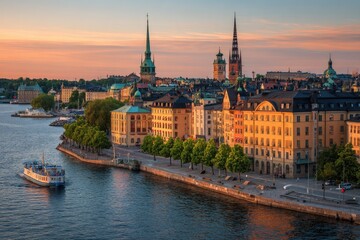 Obraz premium Scenic waterside cityscape featuring historic architecture, boat, and a stunning sunset