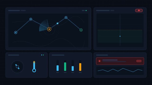 Digital dashboard interface displaying animated graphs and tactical scanners