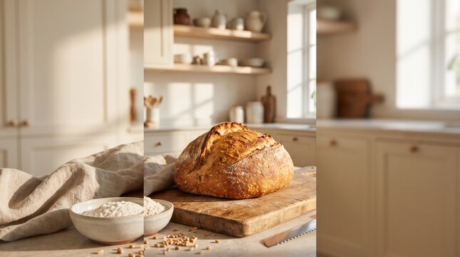 Rustic sourdough bread loaf with a crispy golden crust sits prominently on a dark wooden cutting board featuring soft natural sunlight and scattered wheat grains