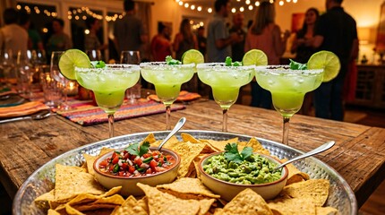 Obraz premium Four icy green margaritas in salt rimmed glasses line up behind a silver platter of tortilla chips and dips, with vivid natural color.