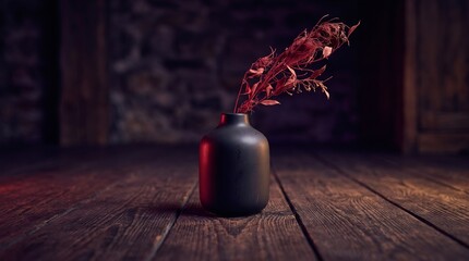 Matte black ceramic vase with dried red branches on a rustic wooden floor with a blurred stone...
