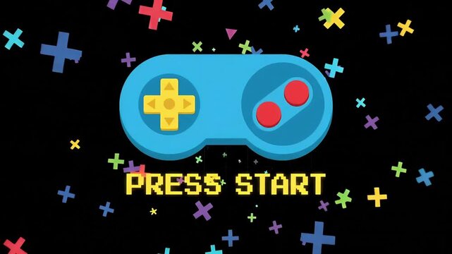 Retro Game Controller Vector Illustration with Press Start Text and Colorful Pixel Pattern Background