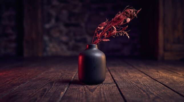 Matte black ceramic vase with dried red branches on a rustic wooden floor with a blurred stone background and moody lighting