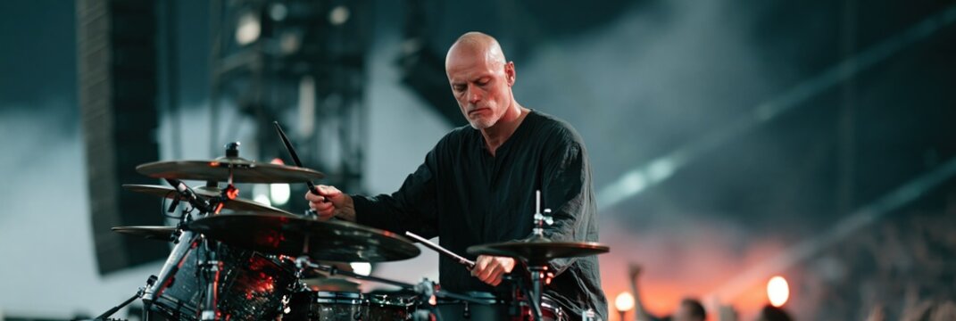 Drummer performing live on stage with energetic lighting for concert banner and music event background