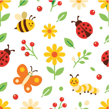 Cute cartoon insects and flowers seamless pattern