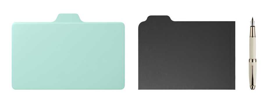 Filing folders with mint and charcoal covers and projecting tabs accompany a cream pen for office paperwork, correspondence records and document organization in separate cutouts
