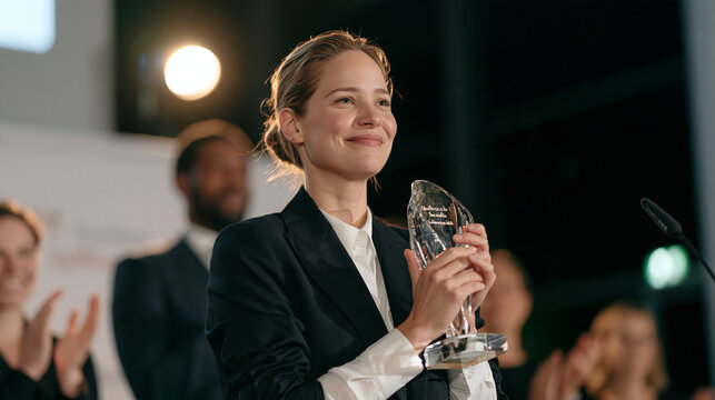Norwegian sales director gripping engraved glass trophy at annual company awards night, stunned expression of achievement, colleagues applauding behind her, stage microphone