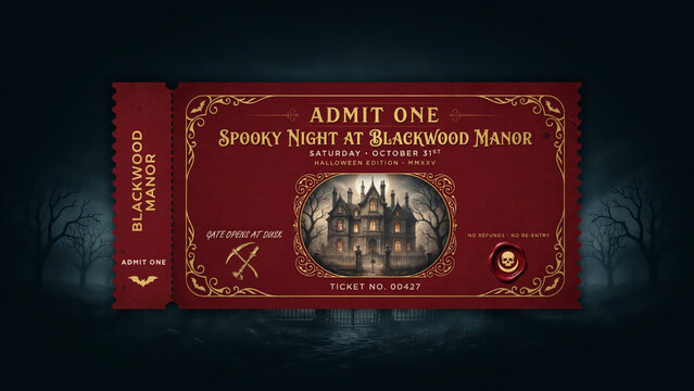 Vintage halloween event ticket design featuring haunted dance with spooky night illustration