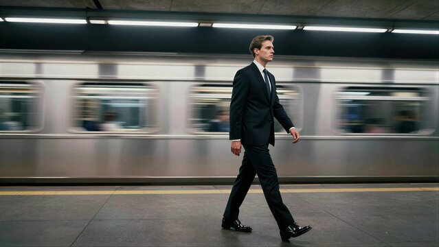 Two men in suits walk past a speeding subway train at an underground station.