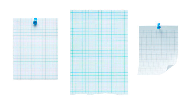 Graph paper with blue squares includes a loose torn sheet and two pinned notes with a curled page for handwritten calculations, mathematics homework and classroom study exercises