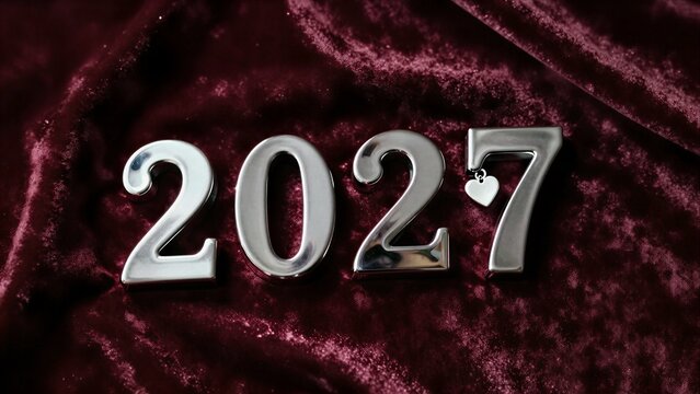 Shiny 2027 numbers on deep red velvet, heart charm adds sentimental touch.