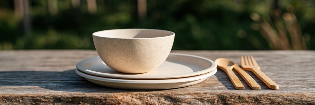 Biodegradable disposable bowl and plate set with wooden utensils on outdoor table for background and banner design featuring natural compostable tableware in sunlight