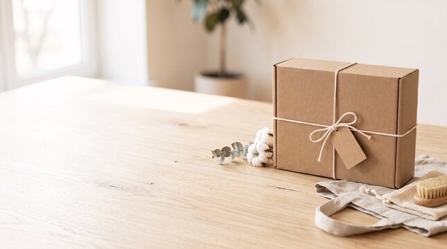 Kraft Cardboard Box on Wooden Table with Eco-Friendly Accessories