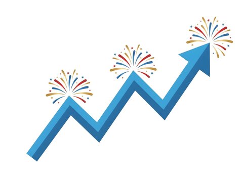 Blue 3D Upward Arrow Chart with Fireworks Concept for 3 Stage Corporate Growth and YoY Financial Progress