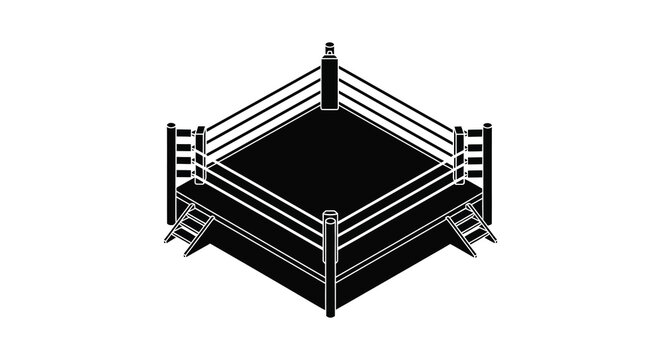 A black silhouette of a boxing ring with ropes and corner posts stands out