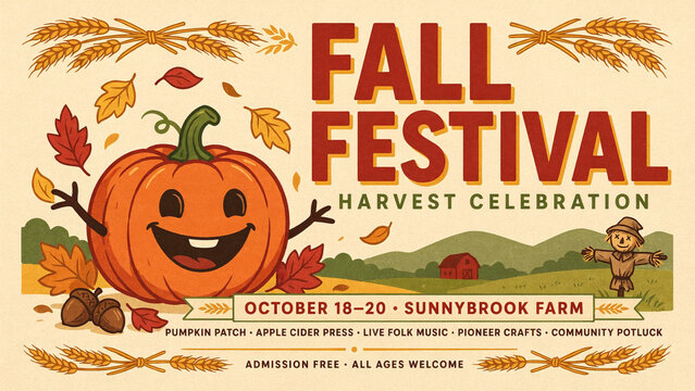 Retro 1970s style fall festival harvest celebration poster with pumpkin