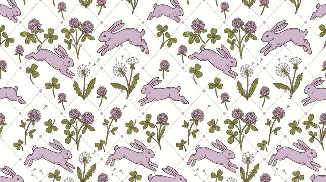 Vintage Seamless Pattern with Hand-Drawn Jumping Rabbits, Clover Flowers, and Dandelions on White Background