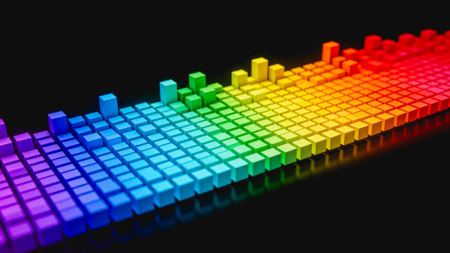 A 3D rendered abstract visualization of a rainbow gradient cubic equalizer structure on a dark reflective surface.