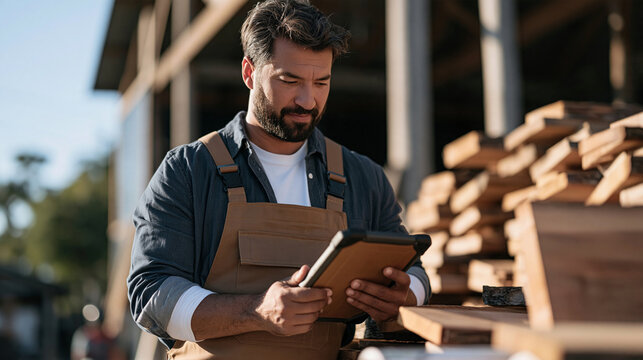 A plumber reviews pipe flow data on a ruggedized tablet propped beside a pile of fresh sawn timber offcuts on a worksite bathed in golden hour light, a wide establishing shot
