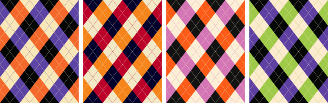 Seamless Halloween argyle pattern with orange, purple, pink, green, black and cream diamond motifs for spooky fabric, wrapping paper, textile backgrounds, apparel and seasonal designs