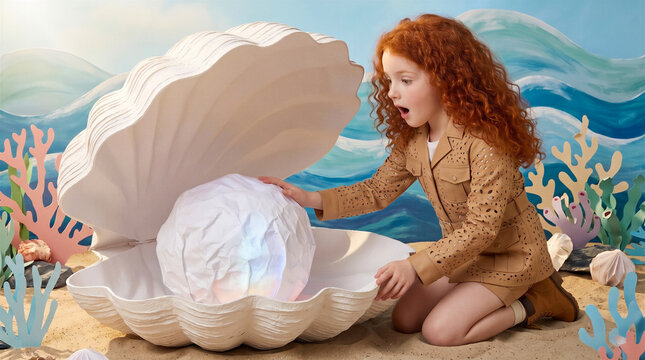 Young girl looking with surprise at large glowing pearl inside giant seashell on beach, paper art style scenery, ocean waves and coral reefs. Fantasy, childhood wonder, creative storytelling.
