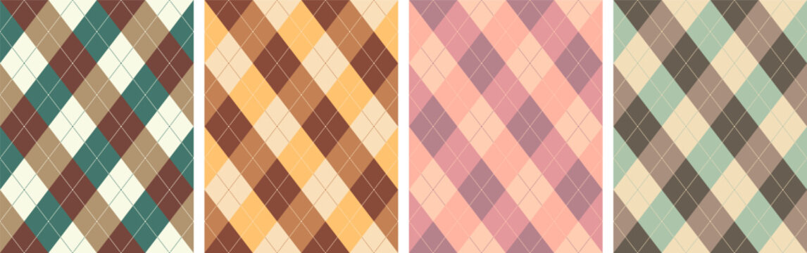 Seamless autumn argyle pattern with warm diamond motifs in teal, brown, beige, peach and muted pink for fabric, textile, sweater, wrapping paper, wallpaper, fashion and seasonal designs