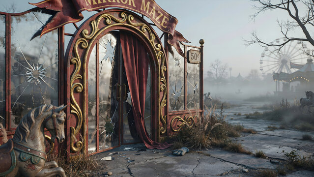 An abandoned carnival mirror maze entrance with broken glass and a red curtain in a foggy fairground with a carousel and ferris wheel
