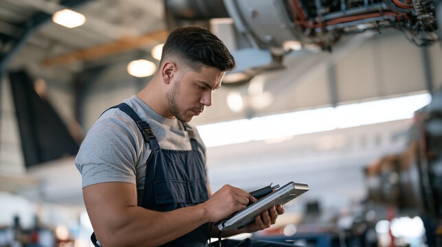 Aeronautical maintenance technician using inspection borescope display to examine turbine blade condition deep inside aircraft engine nacelle, airport maintenance hangar setting