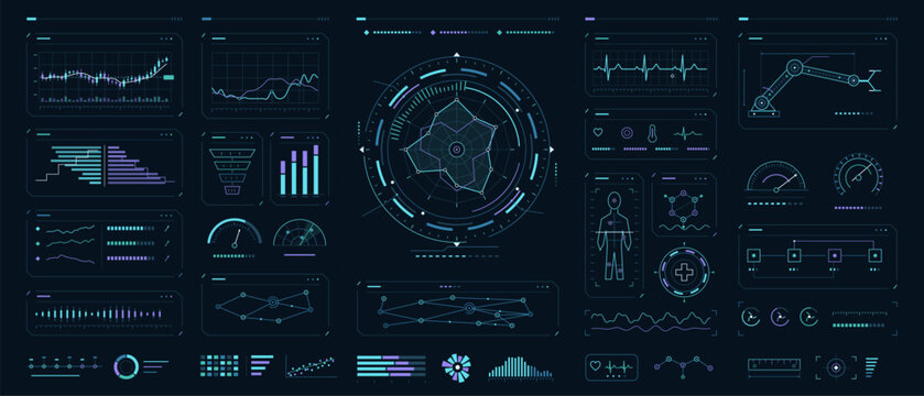 Futuristic HUD analytics set with charts, gauges, ECG and radar