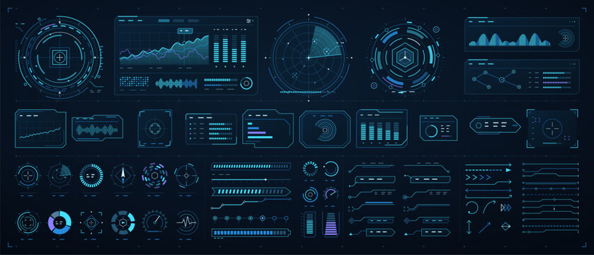 Futuristic HUD FUI UI kit with radar, charts and progress bars