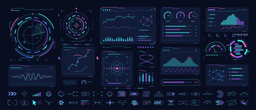 Futuristic cyberpunk HUD GUI kit with radar, gauges and charts