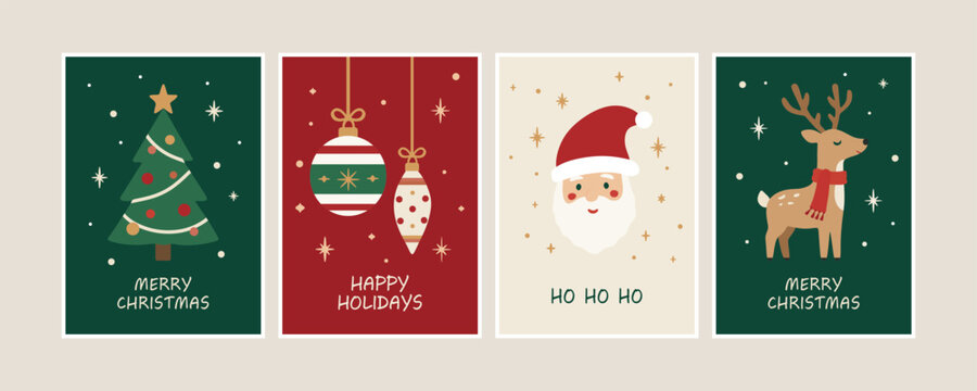 Four Christmas greeting cards with tree, ornaments, Santa Claus and reindeer, flat design illustrations with festive text, holiday greeting set for seasonal celebrations and winter holidays.