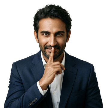Businessman portrait finger silence gesture isolated on a transparent background featuring a 42 year old South Asian man in navy suit