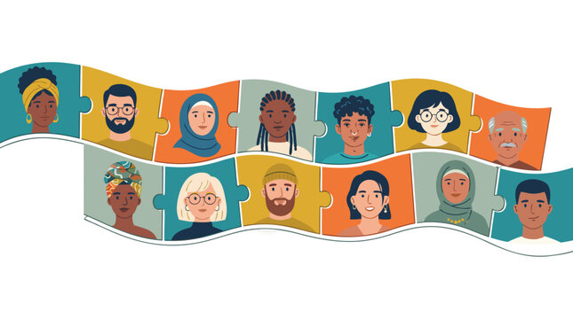 Diverse group of people faces connected as puzzle pieces symbolizing community and unity in global society