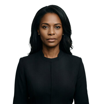 Judge lawyer professional portrait of a 49 year old African American woman wearing a structured black dress on a transparent background