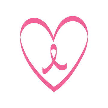 A pink awareness ribbon is centered inside a large pink heart outline, isolated on a white background. Breast cancer awareness in October.