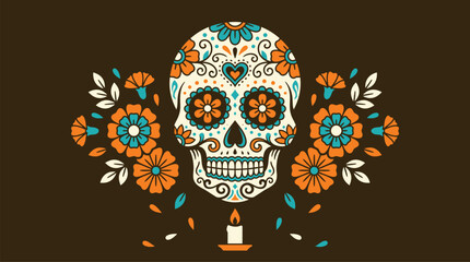 Obraz premium A beautiful dia de muertos background vector featuring a decorative sugar skull surrounded by vibrant marigold flowers and a candle
