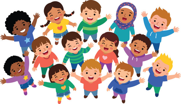 Diverse group of happy children waving, multicultural kids looking up and smiling, cheerful elementary students in a flat vector illustration
