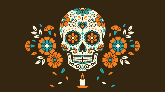 A beautiful dia de muertos background vector featuring a decorative sugar skull surrounded by vibrant marigold flowers and a candle