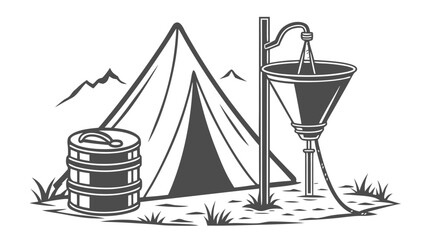 Camping tent with water collection barrel and filtration system in mountainous landscape © AA