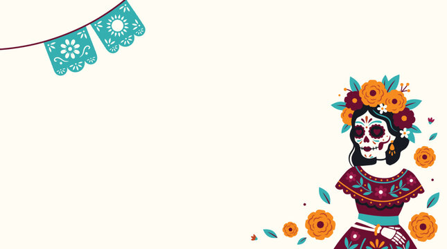 A festive dia de muertos background vector featuring a beautiful catrina character with marigold flowers and traditional mexican papel picado decorations